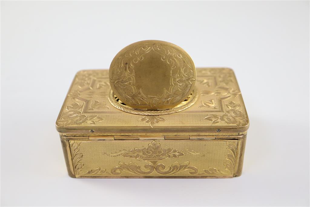 A late 19th century Swiss ormolu singing bird box, width 3.75in. depth 2.5in. height 1.25in.